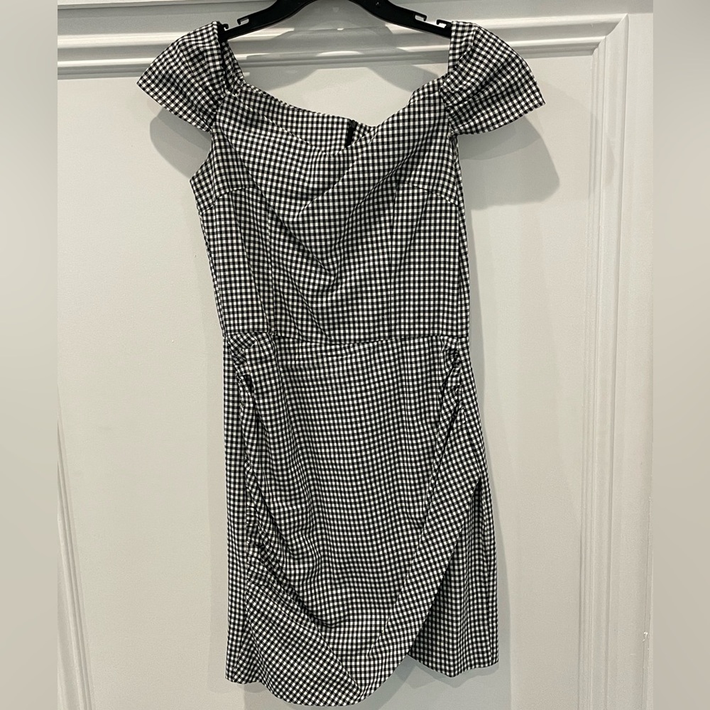 Off the should block and white gingham aqua dress